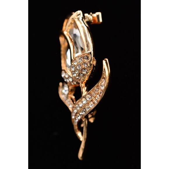 Statement Crystal Rose Pin Brooch Sparkling Rhinestone Gold Tone BinAQ - Picture 3 of 12